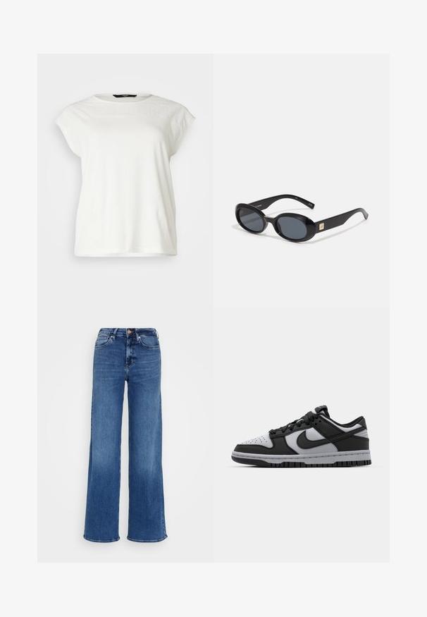Balta īsām piedurknēm t-kreklā ar struktūrētu mežģīņu yoke, apaļu kakla izgriezumu un brīvu piegriezumu. Mīksta kokvilnas materiāls ar smalku detalizāciju uz pleciem.; Vidēji zili augstās jostas denima džinsi ar plašām kājām, ar pogu un rāvējslēdzēju aizdari, priekšējām un aizmugurējām kabatām, uz vienkārša gaiši pelēka fona.; Melni un pelēki Nike Dunk zemas kedas ar perforētu pirkstu daļu, gludu ādas akcentu un gumijas zolīti ar teksturētu rakstu.; Melni ovālas saulesbrilles ar tumšiem stikliem, spīdīga plastmasas apmale, platām kājām un nelielu zelta akcentu vienā pusē.