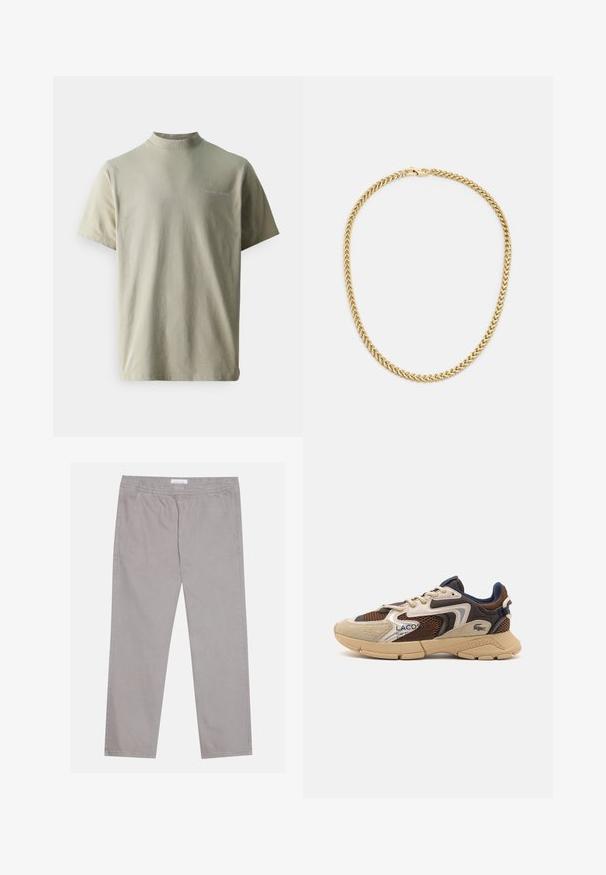 Samsøe Samsøe NORSBRO - T-shirt basic - taupe; Pantaloni di cotone grigio chiaro con vita elastica, due tasche laterali, design a gamba dritta e una trama liscia. Dettaglio di cuciture semplice.; Sneaker beige e marrone con pannelli in mesh testurizzati, accenti in suede e suola in gomma. Presenta un design con lacci e dettagli brandizzati.; Collana in oro con maglie piatte intrecciate, texture liscia e chiusura sicura.