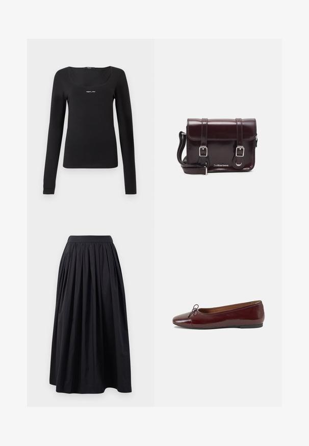 Crna majica dugih rukava od glatkog materijala, s kvadratnim izrezom i malim bijelim logom "REPLAY" na prsima.; Crna suknja do koljena napravljena od lagane tkanine s širokim, naboranim pojasom i plisiranim dizajnom, koji osigurava punu siluetu.; Burgundska lakirana balerinka s zaobljenim vrhom, malim mašnom sprijeda i niskom, crnom gumenom potplatu. Glatka tekstura.; Tamnocrvena lakirana kožna torba preko ramena pravokutnog oblika, s dva remena, srebrnim hardverom i preklopnim zatvaranjem.
