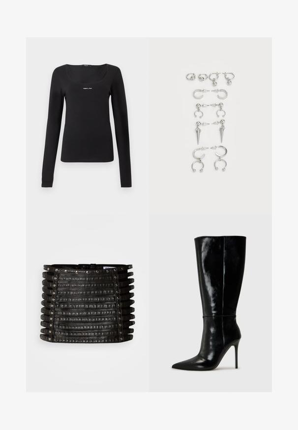 Sort langærmet skjorte lavet af glat stof, med firkantet udskæring og et lille hvidt "REPLAY" logo på brystet.; Sort lædernederdel i minilængde med vandrette stropdetaljer og sølvnitter langs den øverste kant og de lodrette sider.; Sorte læderknælange støvler med spids tå og høj stilettohæl. Glat tekstur og slank design, med minimalt detaljer.; Sæt med sølvøreringe med forskellige designs: hoops, studs og hængende stilarter, med kugleaccenter og spidse elementer.