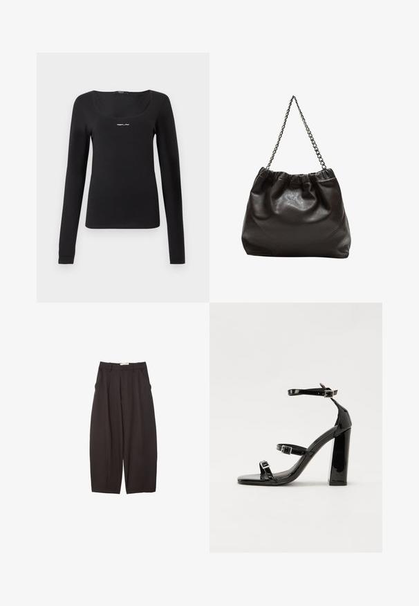 Black long-sleeve shirt made of smooth fabric, featuring a square neckline and a small white "REPLAY" logo on the chest.; Black wide-leg trousers made from a smooth fabric, featuring a high waist, front pleats, and side pockets. Simple design without embellishments.; Black patent heeled sandals with a square toe, ankle straps, and silver buckles. Features a chunky block heel for stability.; Brown leather bag with a gathered top and a chain strap. Smooth texture with a glossy finish and subtle seam detailing on the sides.