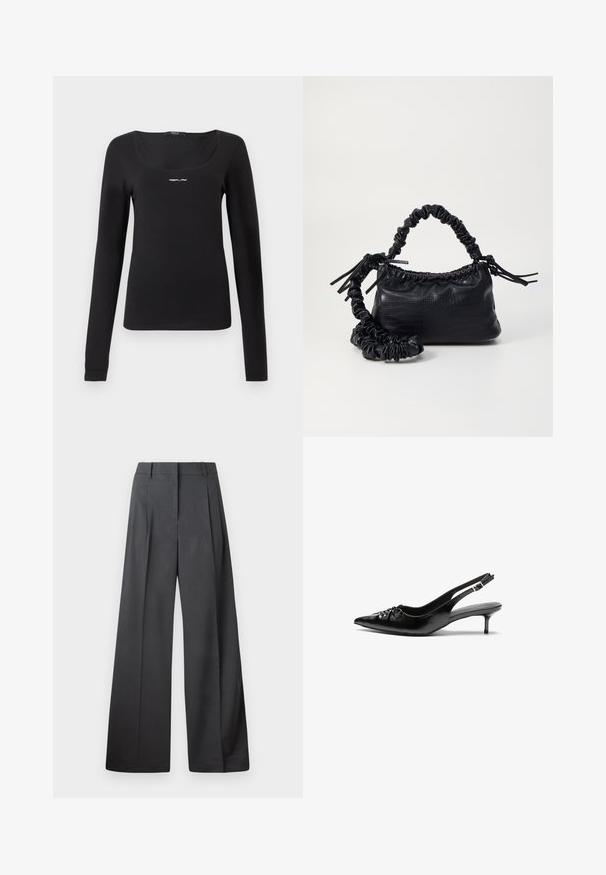 Zwarte langwerpige blouse van gladde stof, met een vierkante halslijn en een klein wit 'REPLAY'-logo op de borst.; Wijde broek in donkergrijze stof, met een hoge taille, enkele plooien en een gladde textuur met een nette afwerking aan de zoom.; Zwarte leren slingback hakken met een spitse neus, kleine kittenhak en een decoratieve knoopdetail aan de voorkant. Smooth textuur overal.; Zwarte nepleer handtas met een krokodillenstructuur, opgedroogde bovenkant en een gekreukte hengsel. Het lijkt zacht en compact van ontwerp.