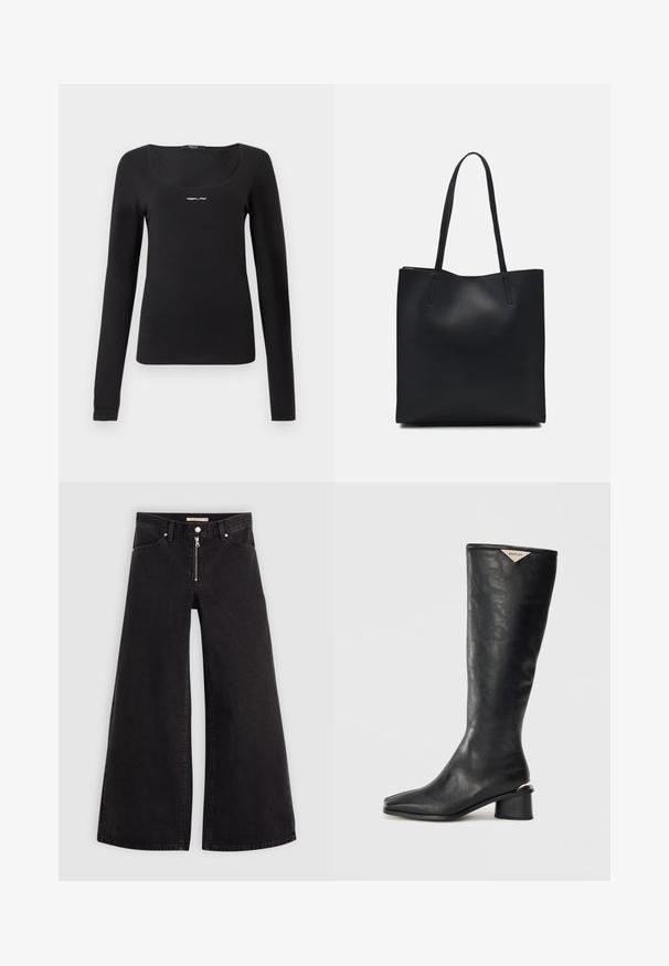 Musta pitkähihaisessa paidassa on sileä kangas, neliömäinen kaula-aukko ja pieni valkoinen "REPLAY"-logo rinnassa.; Mustat leveälahkeiset farkut, joissa on vetoketjufrunti, viisi-taskuinen muotoilu ja hienovaraiset ompelusyyt. Sileä pinta ja rento tyyli.; Musta polvipituiset saappaat, jotka on valmistettu sileästä nahasta, ja joissa on neliömäinen kärki sekä keskikokoinen loivakorko, jossa on metallinen yksityiskohta kannassa.; Mustapahkainen kangaskassi, jossa on sileä pinta, suorakaiteen muotoinen ja kaksi pitkää kahvaa. Ei näkyvää metalliosaa tai koristeita.