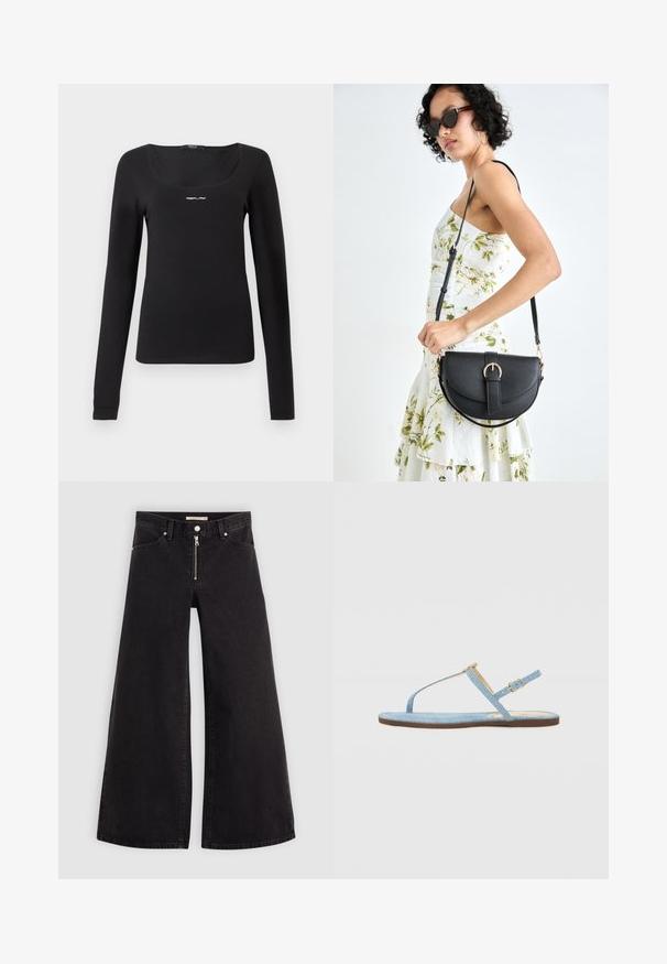 Fekete, hosszú ujjú, sima anyagból készült póló, négyzet alakú nyakkivágással és egy apró fehér "REPLAY" logóval a mellkasán.; Fekete denim széles szárú farmer, cipzáros elejével, öt zsebes kialakítással és diszkrét varrással. Sima textúra és laza stílus.; Kék farmer lapos szandál T-pántos dizájnnal, állítható bokapánttal és barna talppal. Egyszerű csatt díszítéssel rendelkezik.; Fekete bőrtáska ívelt formával, levehető pánttal és arany színű fémrészekkel. A táskán egy csattal díszített fedél található.