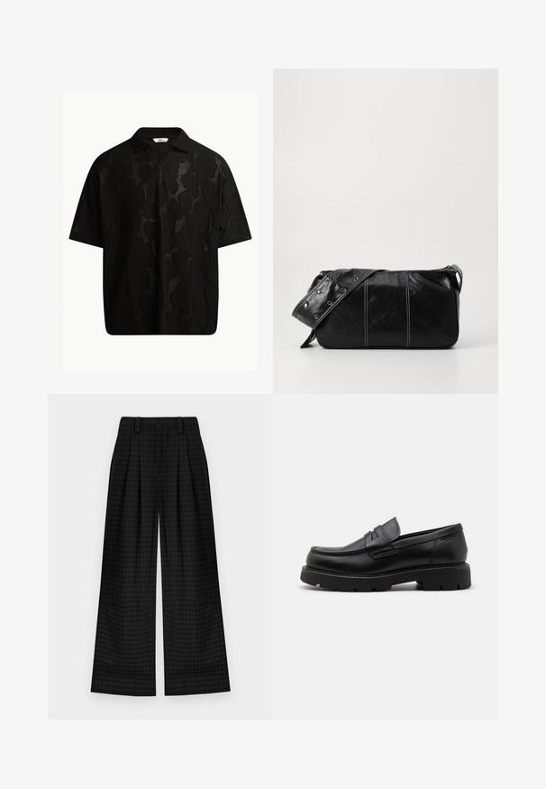 Polo preto de manga curta com um padrão abstrato texturizado. O colarinho é plano e ligeiramente aberto, realçando o design descontraído.; Calças largas de cuadros pretos com pregas, apresentando uma textura suave e um design clássico. Tecido leve para conforto.; Mocassins de pele preta com bico redondo, detalhes texturizados na parte da frente e sola de borracha espessa com sulcos para melhor aderência.; Bolsa de ombro em couro preto com fecho em zíper, apresentando um corpo texturizado, costura branca e uma alça com ilhós prateados.