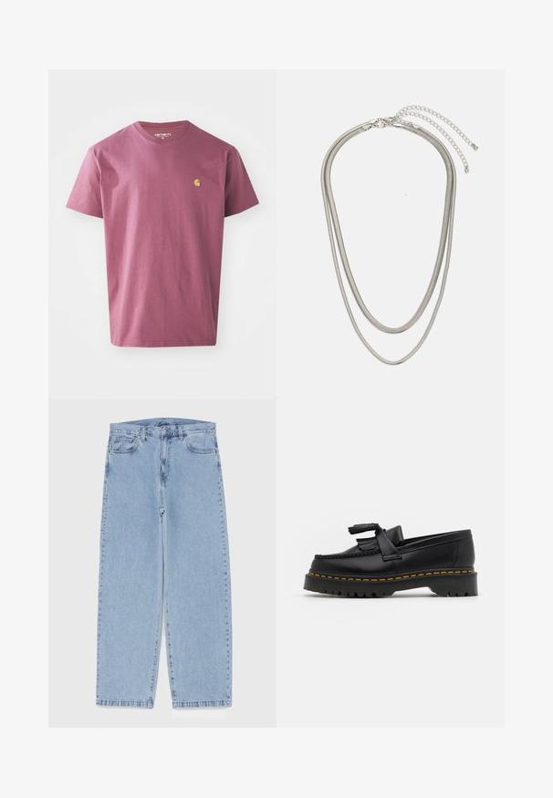 Fialové bavlněné tričko s kulatým výstřihem, krátkými rukávy a malým žlutým logem na levé hrudi. Jednoduchý, jednobarevný design.; Světle modré džíny s rovnými nohavicemi, středním pasem, pěti kapsami a zapínáním na knoflík a zip.; Černé kožené mokasíny s třásněmi, se silnou černou podrážkou a žlutým prošíváním podél okraje. Texturovaný povrch.; Vícevrstvý stříbrný kovový náhrdelník s elegantními, flexibilními řetízky s jemným leskem, zabezpečený karabinkou a nastavitelným řetízkem.