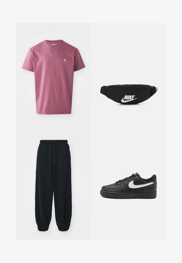 Vijolična bombažna majica s kratkimi rokavi in krožnim izrezom ter majhnim rumenim logotipom na levi prsni strani. Preprost dizajn v enotni barvi.; Črne, elastične hlače za prosti čas z ohlapnim krojem, manšetami na gležnjih, gladko teksturo in brez vidnih vzorcev ali dodatkov.; Črne Nike Air Force 1 športne copate z gladkim usnjenim zgornjim delom, belim logotipom, perforiranim prstnim delom in teksturiranim gumijastim podplatom.; Črna najlon fanny pakica z zadrgo, ki ima velik bel Nike logotip. Gladka tekstura in ergonomska zasnova za udobno nošenje.