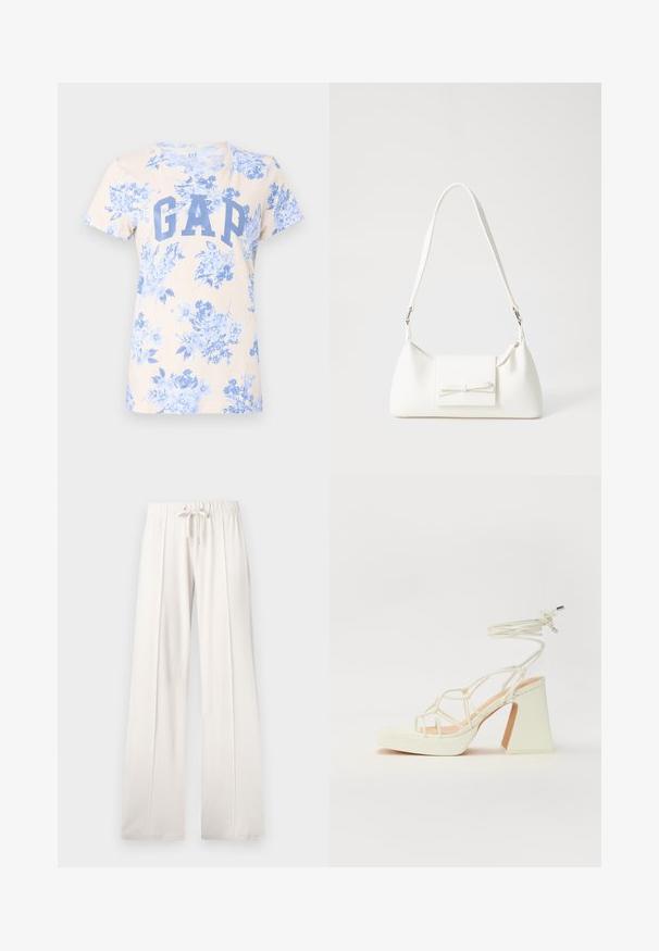 Lys beige t-skjorte med blå blomstermønster og en stor blå "GAP"-logo på fronten. Korte ermer og en klassisk rund halsdesign.; Lyse beige joggebukser laget av mykt stoff, med snor i livet, vide ben og vertikale sømmer, med en jevn tekstur.; Hvit høyhælte sandal med kraftig hæl, med en stroppe-design og ankelbånd. Glatt tekstur med plattform foran for ekstra høyde.; Hvit syntetisk håndveske med trekantet form, flat klaff foran og sløyfe detaljer, justerbar stropp, glatt tekstur og minimalistisk design.