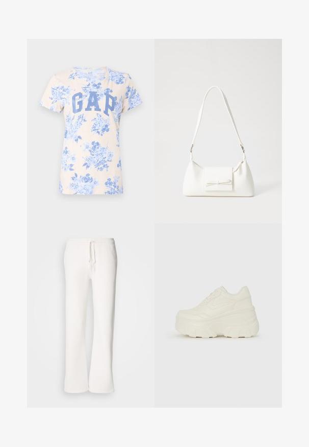 Svetlo bež majica s plavim cvetnim vzorcem in velikim modrim logotipom "GAP" spredaj. Kratki rokavi in klasičen kroj s krožnim ovratom.; Bela, sproščena trenerka iz mehkega blaga, z elastičnim pasom in vrvico ter naravnim krojem nogavic.; Bele platformske tene z belim zgornjim delom, ki spominja na usnje, okroglo obliko, oblazinjen ovratnik ter gumo z teksturo na podplatu z izrazitimi profili.; Bela sintetična torbica v obliki trikotnika, z ravnim sprednjim poklopcem in detajlom mašne, nastavljivim trakom, gladko teksturo in minimalističnim dizajnom.