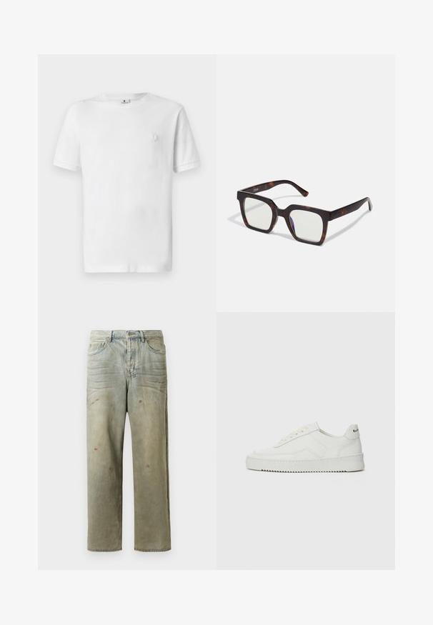 Witte katoenen T-shirt met een ronde hals en korte mouwen. Beschikt over een klein, textuurachtig logo op het linkerbovenbeen. Glad stoftextuur.; Verweerde denim jeans in lichtgroen, met een rechte pijp, vijf-pocket ontwerp en ongelijkmatige vervaging met verfspatten.; Witte leren sneaker met een gladde afwerking, ronde neus, platte veters en een gestructureerde zool. Kenmerkt zich door een subtiel logo op de hiel.; Vierkante zonnebril met een frame van schildpad-acetaat en heldere lenzen. Heeft brede pootjes en een matte afwerking, wat de algehele duurzaamheid verhoogt.