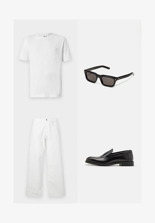 Bílý bavlněný tričko s kulatým výstřihem a krátkými rukávy. Má malé, texturované logo na levé části hrudi. Hladká textura látky.; Bílé denimové kalhoty se střihem rovného nohavice, které mají dvě přední kapsy a zapínání na knoflík. Hladká textura s mírně vybledlým vzhledem.; Černé kožené polobotky s hladkou texturou, zaoblenou špičkou a zdobným páskem přes nárt. Nízký stohovaný podpatek, minimalistický design.; Černé obdélníkové sluneční brýle s tmavými skly, silným plastovým rámem, zlatými akcenty na spáncích a vyrytým logem značky na nožičce.; Černá kožená crossbody taška s klopovým zavíráním, stříbrným kováním a dvěma kulatými detaily. Obsahuje odnímatelný popruh. Hladká textura.