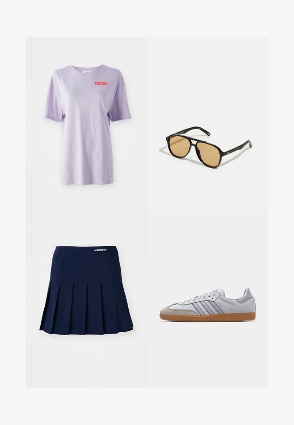 Lillā īsām piedurkņu T-kreklam no kokvilnas ar apaļu kakla izgriezumu un sarkano Columbia logo priekšā. Gluda tekstūra, brīva piegriezuma.; Gaiši zils garām piedurknēm pogājams krekls ar baltām un tumšām vertikālām svītrām un frontālo krūšu kabatu, kurai ir balta rakstīšanas izšuve.; Tumši zils plisēts svārki, izgatavoti no viegla auduma; tiem ir elastīga jostasvieta un neliela rāvējslove pocket, kā arī baltā Adidas logo priekšā.; Baltas ādas sporta apavi ar gaiši ziliem akcentiem, pelēka zamša purngala un brūnas gumijas zole. Iezīmē trīs zilas svītras un "Samba" zīmolu.; Melnas saulesbrilles ar brūnā tonītiem stikliem; taisnstūra forma ar biezu rāmi, ieskaitot smalku aparatūru akcentu uz tempļiem.