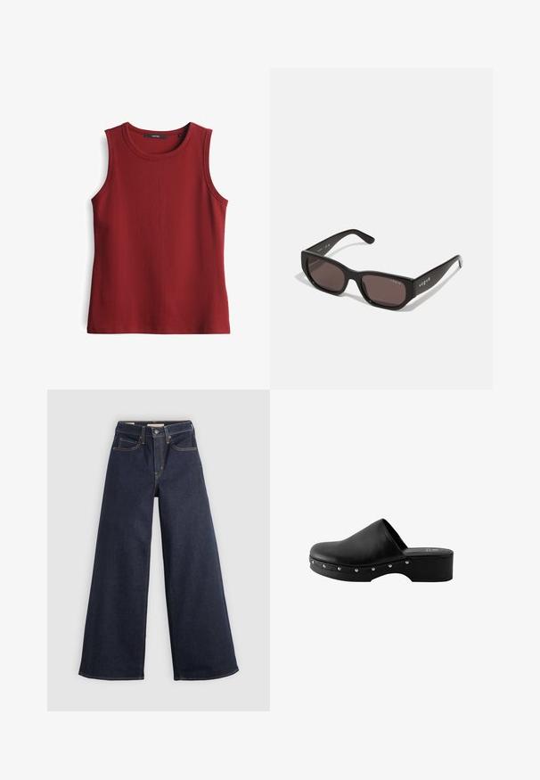 Ärmelloses rotes, geripptes Tanktop mit rundem Ausschnitt, aus strukturiertem Stoff gefertigt, ohne sichtbare Beschläge oder Verzierungen.; Helle-bein Jeans aus Denim in Dunkelblau mit Kontrastnähten. Mit traditionellem Fünf-Taschen-Design und einem Knopfverschluss an der Taille.; Schwarze Leder-Clogs mit erhöhtem Plateau, abgerundetem Zehenbereich und dekorativen silbernen Nietenakzenten entlang der Seite. Glatte Textur und minimales Design.; Schwarze rechteckige Sonnenbrille mit dunklen Gläsern. Verfügt über ein glattes Kunststoffgestell und ein Logo-Detail an den Bügeln. Sauberes, modernes Design.; Burgunderfarbene Handtasche aus synthetischem Material mit strukturiertem Design, ausgestattet mit einem abnehmbaren Trageriemen und einem blumenmusternden Schal, der am Griff gebunden ist.