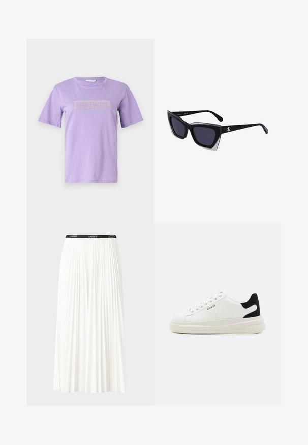 Vaaleanlila t-paita pehmeästä kankaasta, lyhyillä hihoilla. Etuosassa on ristikkäin väriin koristeltu rhinestone-logo.; Hame valkoinen pliseerattu hame mustalla joustavalla vyötäröhihnalla, jossa on "LACOSTE"-logo. Puolipitkä malli pehmeällä tekstuurilla.; Valkoiset nahkakengät paksulla valkoisella pohjalla, mustalla mokkanahkaosuudella kannassa ja kohokuvioitu logo sivulla. Nauhakeskitys kuudella reiällä.; Mustat ylisuuret aurinkolasit, joissa on geometrinen muoto, tummat linssit ja kehykseen erottuva harmaa yksityiskohta. Logo varressa.; Hopeiset korvarenkaat, joissa on sileä ja kiiltävä pinta, kaareva muoto ja piikkikiinnitys. Minimalistinen muotoilu modernilla viimeistelyllä.