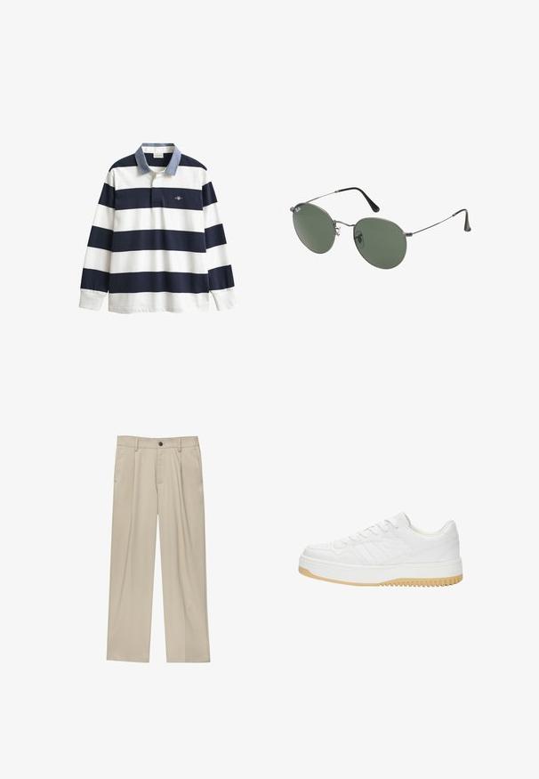 Polo majica z dolgimi rokavi v mornarsko modri in beli črti, z ovratnikom iz blaga podobnega jeansu in vezenim logotipom na prsih. Gladek bombažni material.; Bež hlače ravnega kroja, z enim črnim gumbom, zanke za pas in stranskimi žepi. Gladka tekstura tkanine in minimalističen dizajn.; Beletena usnjena športna obutev z teksturiranim zaključkom, ki vsebuje gumijast podplat, vezalni dizajn in subtilne črtne akcentne na straneh.; Sončna očala z ovalnimi zelenimi lečami v kovinskem okvirju. Tanjši srebrni kovinski okvir in črne ušesne konice. Minimalistična zasnova, brez vidnih logotipov.
