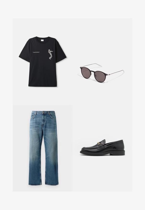 Svart bomullströja med oversized passform. Har vit text "United By Rhythm" och grafisk design på framsidan. Klassisk rundhalsad stil.; Ljust blå vida jeans med en urtvättad finish, utrustade med en knappstängning, fem fickor och kontrasterande sömmar.; Svarta läderloafers med rund tå, prydda med guldfärgad detalj och sömnadsdetaljer, placerade på en låg, texturerad gummisula.; Svarta runda solglasögon med mörka linser och smala metallarmar. Inkluderar klara tempeltips och silverdetaljer vid gångjärnet. Minimalistisk design.