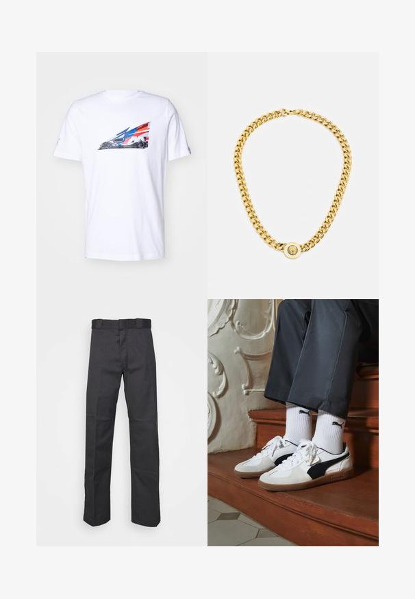 Bílý bavlněný tričko s barevným grafickým motivem závodního auta s abstraktními modrými, červenými a oranžovými vzory na jedné straně. Krátké rukávy.; Černé kalhoty vyrobené z odolné látky, s rovnými nohavicemi, pasem s poutky na opasek a švy pro větší texturu.; Puma tenisky v bílé a černé semišové úpravě, s hnědou gumovou podrážkou. Kombinované s bílými ponožkami, na kterých je černé logo, nošeny s tmavými kalhotami.; Zlatý řetězový náhrdelník s velkými propletenými články, zdobený kruhovým přívěskem se zvýšeným emblémem uprostřed.