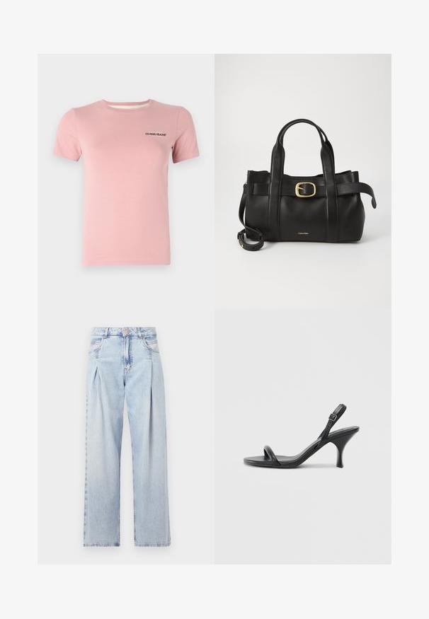 Short-sleeve pink T-shirt made of cotton, featuring a round neck and a small black "Guess Jeans" logo on the left chest area.; Light blue denim jeans with a high waist, wide-leg cut, two side pockets, and pleated design feature. Soft texture with a faded finish.; Black leather high-heeled sandals with a slim, curved heel and a crossed strap design. Adjustable ankle strap. Smooth texture.; Black leather handbag featuring a structured design, dual top handles, gold-tone buckle accent, and embossed brand logo at the front.