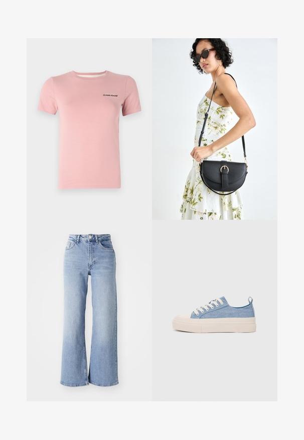 Lühikeste varrukatega roosa T-särk, mis on valmistatud puuvillast. Särgil on ümmargune kaelus ja vasakul rinnal väike must "Guess Jeans" logo.; Heledsinine kõrge vöökoht ja laiad sääred teksad, millel on ees- ja taga-taskud, nööbiga kinnitamine ning kerge kulumine reitel ja ääres.; Heledad sinised kangast tennisekingad koorevärvi kummist varbakatte ja taldaga, millel on valged paelad ja tõmblukk kandadel.; Mustmust mustraha kõverate joontega, eemaldatava rihmaga ja kuldsete detailidega. Kotil on klapp, millel on pandladetail.