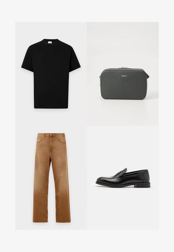 Črna bombažna majica s krožnim ovratnikom, kratkimi rokavi in ravnim krojem. Brez vidnih vzorcev ali kovinskih detajlov.; Rjave široke jeans hlače z visokim pasom, ki imajo dva sprednja žepa, gumbno zapiranje in subtilno teksturo. Brez vidnih vzorcev ali poudarkov.; Črne usnjene loafer čevlje z gladko teksturo, zaobljenim nosom in dekorativnim trakom čez zgornji del. Nizka zložena peta, minimalističen dizajn.; Črn teksturiran pravokotni torbica čez ramo s srebrnimi dvojimi zadrgami in majhnim logotipom "Sandro" centriranim na sprednji strani.