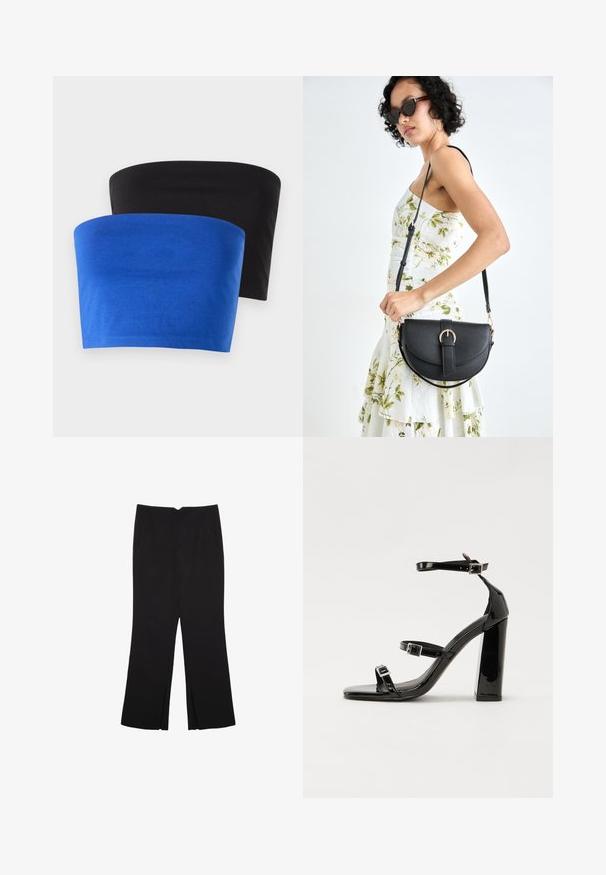 Dwa topy bez ramiączek, jeden niebieski, a drugi czarny, wykonane z miękkiej tkaniny. Oba mają prosty design z czystymi krawędziami i bez dodatkowych detali.; Czarne spodnie o prostym kroju, z przednimi kieszeniami i bocznymi rozcięciami na dole. Wykonane z miękkiego, gładkiego materiału. Odpowiednie na różne okazje.; Czarne lakierowane sandały na obcasie z kwadratowym noskiem, z paskami wokół kostki i srebrnymi klamrami. Posiadają masywny słupek dla stabilności.; Czarna skórzana torebka o zakrzywionym kształcie, z odpinanym paskiem i złotymi akcentami. Torebka posiada klapę z zapięciem w kształcie klamry.