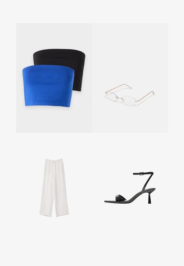 Kaksi olkaimetonta toppia, yksi sininen ja yksi musta, pehmeästä kankaasta. Molemmissa on yksinkertainen muotoilu, jossa on siistit reunat eikä lisäyksityiskohtia.; Valkoiset leveälahkeiset housut kevyestä kankaasta. Ominaisuuksiin kuuluu elastinen vyötärö, jossa on nauhakuuluma ja sivutaskut. Sileä rakenne.; Bershka Korolliset sandaalit - black; Kultaiset metalliset silmälasit, joissa on ovaalit linssit, kapeat tangot ja läpinäkyvät nenätyynyt. Ominaisuuksiin kuuluvat hienovaraiset saranaakkoset ja läpinäkyvät linssit.