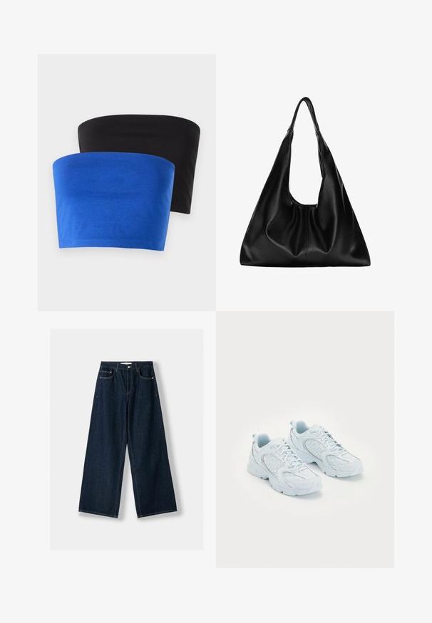 Kaksi olkaimetonta toppia, yksi sininen ja yksi musta, pehmeästä kankaasta. Molemmissa on yksinkertainen muotoilu, jossa on siistit reunat eikä lisäyksityiskohtia.; Tummansinisiä, leveälahkeisia farkkuja. Ominaisuuksiin kuuluu viisi taskua, nappi- ja vetoketjukiinnitys sekä kontrastoväriset ompelut.; Vaaleansinisen väriset urheilujuoksukengät, joissa on verkkokankainen ja synteettinen päällinen, valkoisilla pilkuilla ja heijastavilla yksityiskohdilla. Kengissä on nauhakiinnitys ja pehmustetut pohjat.; Mustalla nahka hobo-laukku, jossa on pehmeä, kaareva muoto. Varustettu leveällä yläkahvalla ja poimuilla pohjassa, mikä antaa rennon tekstuurin.