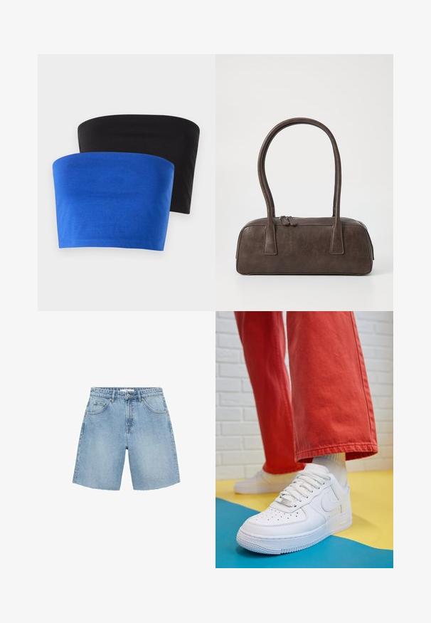 Dvě topy bez ramínek, jeden modrý a jeden černý, vyrobené z měkké látky. Oba mají jednoduchý design s čistými okraji a bez dalších detailů.; Světle modré džíny s vysokým pasem, dvěma předními kapsami a roztrhaným lemem. Disponují klasickým designem s minimem kovových detailů.; Bílé kožené tenisky s perforovanou špičkou, texturovanou podešví a bílými tkaničkami, v kombinaci s širokými červenými kalhotami a modro-žlutým pozadím.; Hnědá kožená kabelka s dvěma pevnými uchy, obdélníkový tvar, hladká textura a zipové zavírání. Minimalistický design bez viditelných vzorů.