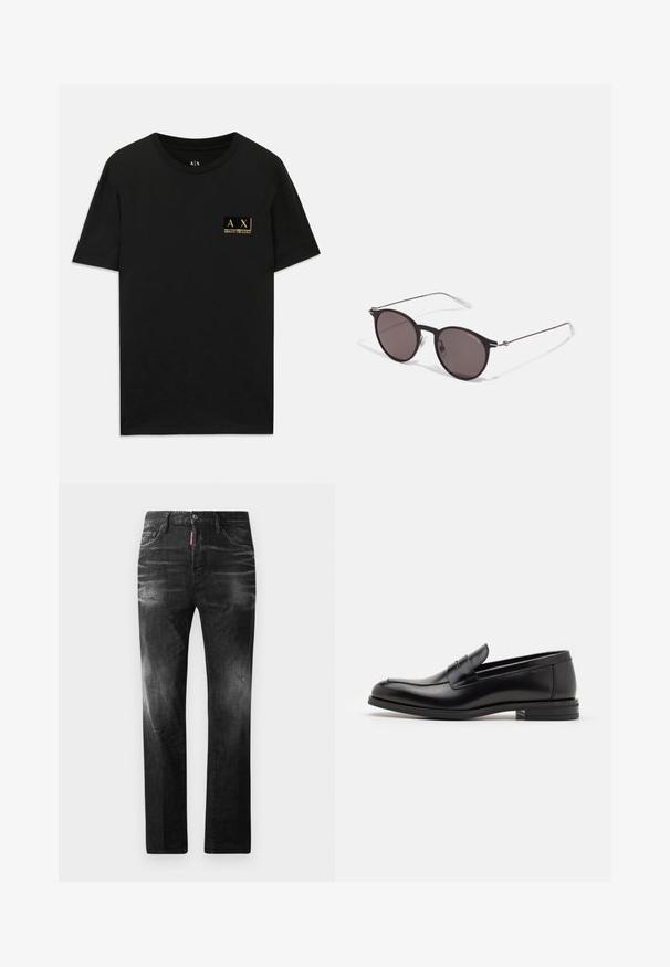 Melna kokvilnas T-krekls ar apaļu kakla izgriezumu. Iezīmējas ar nelielu zelta logotipa uzlīmi kreisajā krūšu pusē, kurā ir teksts "AX Armani Exchange". Klasisks griezums.; Melni džinsi no denima ar taisnu piegriezumu. Iespējas ietver izbalējušas vietas, nelielas nodiluma pazīmes, klasisko piecu kabatu dizainu un pogu aizdari.; Melnas ādas kurpes ar gludu tekstūru, noapaļu purngalu un dekoratīvu siksniņu pāri priekšpusei. Zems sakrauts papēdis, minimālisma dizains.; Melni apaļi saulesbrilles ar tumšiem lēca un plānām metāla stangām. Iekļautas caurspīdīgas tempļu galviņas un sudraba akcenti pie eņģes. Minimalistisks dizains.