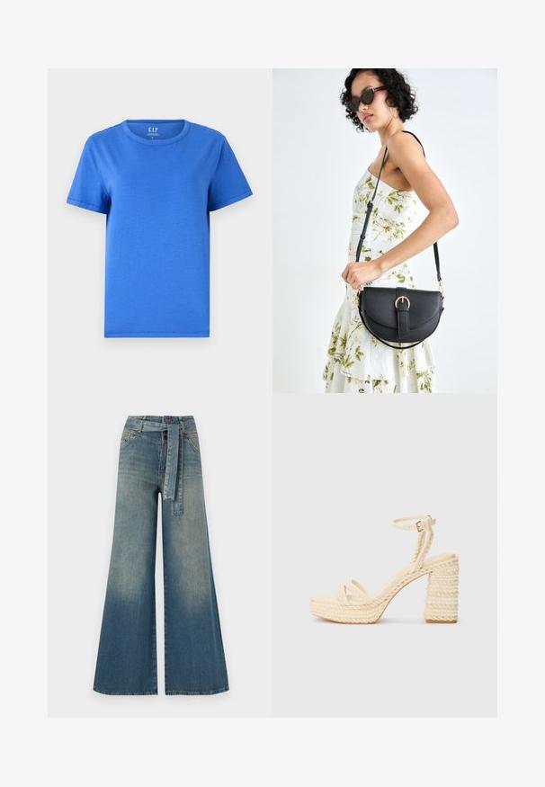 Základné modré tričko vyrobené z bavlny, s okrúhlym výstrihom, krátkymi rukávmi a rovnými okrajmi. Žiadne vzory ani akcenty viditeľné.; Džínsy s širokými nohavicami, ktoré majú prechod od svetlomodrej po tmavomodrú, vysoký pás, pútka na opasok a opasok z rovnakého materiálu. Textúrovaný denimový povrch.; Bežové sandále na podpätku s pletenou jútovou platformou a podpätkom, vybavené tenkým popruhom vo výške členku a hladkou stielkou.; Čierna kožená kabelka s zaobleným tvarom, odnímateľným popruhom a zlatými doplnkami. Kabelka má klopu s detailom s prackou.