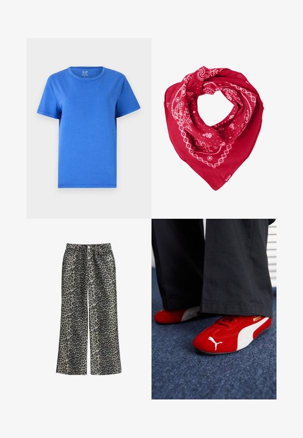 T-shirt blu basic realizzato in cotone con scollatura rotonda, maniche corte e orlo dritto. Nessun motivo o accento visibile.; Pantaloni a gamba larga con stampa leopardata realizzati in un tessuto morbido, dotati di vita alta, cinque tasche e chiusura con bottone metallico.; Sneakers in camoscio rosso con accenti bianchi, caratterizzati da materiale testurizzato, punta rotonda e un logo dorato di lato, indossati con pantaloni neri.; Foulard rosso in cotone, con motivi a paisley bianchi e a pois, dalla forma triangolare e con un'etichetta nell'angolo inferiore.