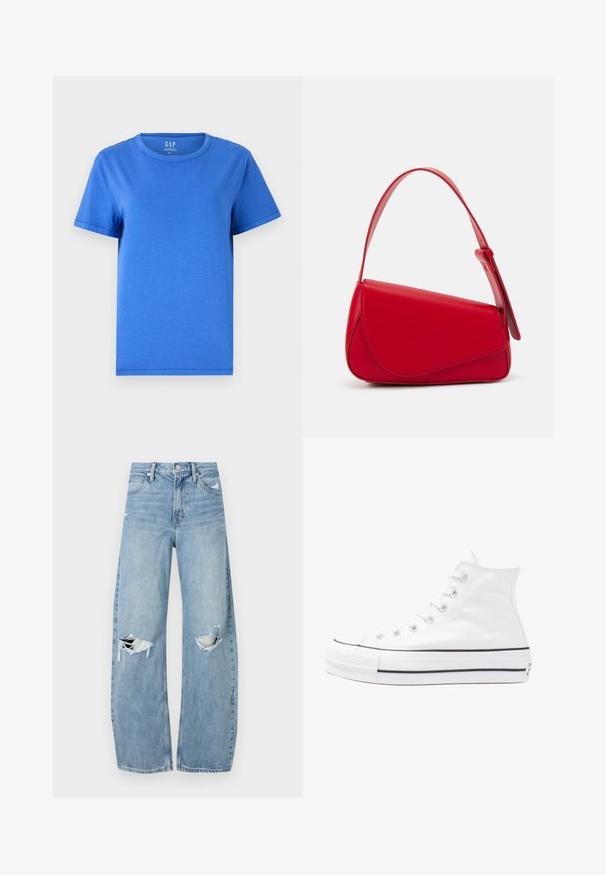 Ein schlichtes blaues T-Shirt aus Baumwolle mit Rundhalsausschnitt, kurzen Ärmeln und geradem Saum. Keine sichtbaren Muster oder Akzente.; Helles, hochtailliertes Jeans aus Denim. Hat weit geschnittene Beine, zwei aufgerissene Kniebereiche und klassischen Fünf-Taschen-Stil.; Weiße hochwertige Leinensneaker mit schwarzer Gummisohle, vorderem Gummizehenschutz und sechs Ösen für Schnürsenkel, die ein sauberes, minimalistisches Design aufweisen.; Rote Lederhandtasche mit einem kantigen, geometrischen Design. Verfügt über einen verstellbaren Schulterriemen und einen Klappenverschluss mit genähten Details.