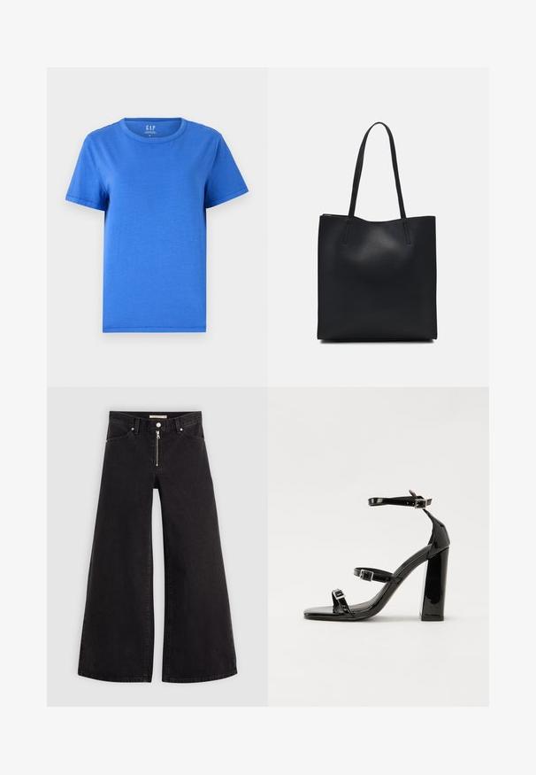 Camiseta básica azul de algodón con escote redondo, mangas cortas y dobladillo recto. Sin patrones ni acentos visibles.; Jeans de pierna ancha en denim negro con cierre frontal, diseño de cinco bolsillos y detalles de costura sutiles. Textura suave y estilo casual.; Sandalias de tacón de charol negro con punta cuadrada, correas en el tobillo y hebillas plateadas. Presentan un tacón grueso para mayor estabilidad.; Bolso tote de cuero negro con textura lisa, forma rectangular y dos asas largas. Sin herrajes ni adornos visibles.