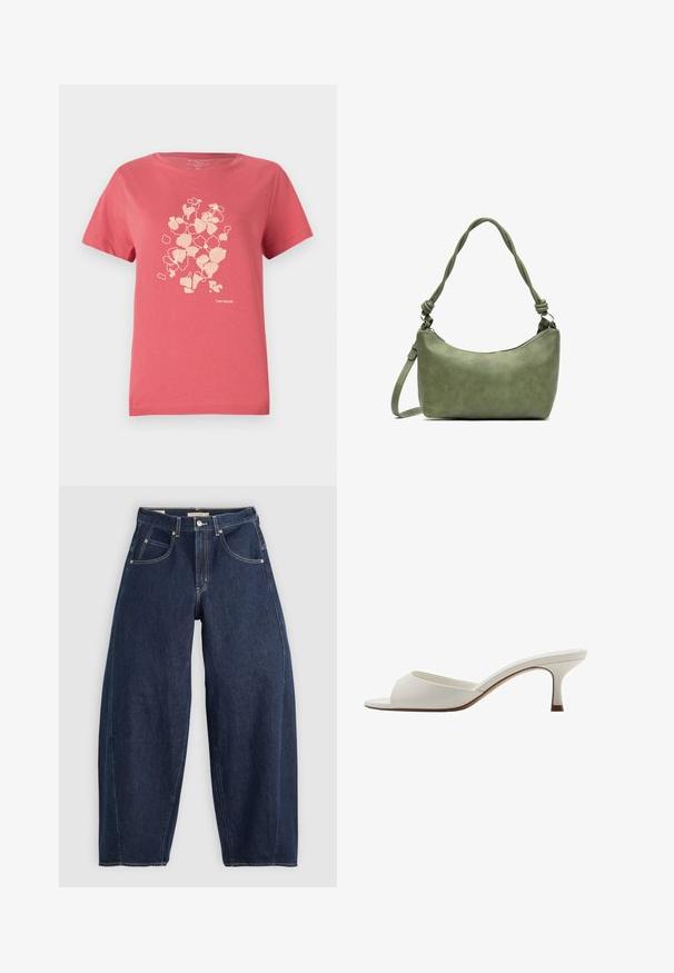Koralkasto ružičasta pamučna majica kratkih rukava, s laganim cvjetnim uzorkom i logom "TOM TAILOR" na dnu. Okrugli dekolte.; Tamno plave traperice s širokim krojem, svijetlim šavovima, pet džepova i zatvaranjem na gumb na struku.; Bijele otvorene sandale s visokom petom, glatke površine, minimalističkog dizajna i uske pete, sa suptilnim smeškastim naglaskom na đonu.; Zelena kožna torbica s glatkom teksturom, zakrivljenim oblikom i pletenom ručkom. Ima zatvaranje na patentni zatvarač i podesivu naramenicu.