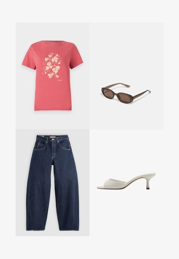 Coral pink cotton t-shirt with short sleeves, featuring a light floral print and "TOM TAILOR" logo at the bottom. Round neckline.; Dark blue denim jeans with a loose fit, light stitching, five pockets, and a button closure at the waistband.; White open-toed high-heeled mules with a smooth finish, minimalist design, and a slender heel, featuring a subtle brown accent on the sole.; Brown oval sunglasses with dark lenses. Frame has a transparent brown material and features a logo printed on the temples.; Green leather handbag with a smooth texture, curved shape, and braided handle. Features a zip closure and an adjustable strap.