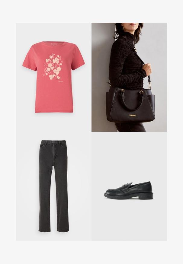 Koralfarvet bomulds t-shirt med korte ærmer, der har et let blomstermønster og "TOM TAILOR" logo nederst. Rund halsudskæring.; Sorte denim jeans med lige skæring, høj talje, fem lommer og knaplukning. Materialet har en let tekstur, uden synlige mønstre.; Sorte læder loafers med rund tå, stikninger og en lille hæl. Glat tekstur og en fleksibel gummisål.; Sort håndtaske med struktureret overflade, dobbelt topbærere og justerbar skulderrem. Udstyret med guldfarvet metalhardware og sidelommer.