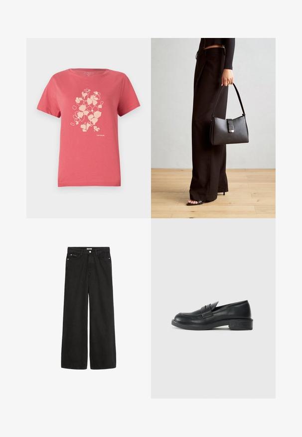 Koralroosa puuvillane lühikeste varrukatega T-särk, millel on hele lilleline print ja "TOM TAILOR" logo alt. Ümar kaelus.; Laiad mustad teksased kõrge vöökohaga. Omab viit taskut, metallist detaile ja puhtat lõpetust. Tekstuur on sujuv ja pehme.; Mustad nahast loafers ümarate varvastega, tikkimiste detailidega ja väikese kandiga. Sile pind ja paindlik kummist tald.; Must musta kott, millel on struktureeritud kuju, sile tekstuur ja metallist klamber. Kombineeritud laiate mustade pükstega ja avatud varvaste sandaalidega puidust põrandal.