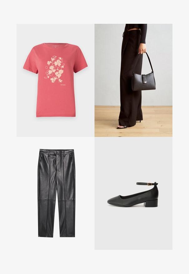 Koralo rožinė medvilninė marškinėliai su trumpomis rankovėmis, dekoruoti švelniu gėlių raštu ir "TOM TAILOR" logotipu apačioje. Apvalus kaklas.; Juodos odinės kelnės su lygiu tekstūru, tiesaus kirpimo, dviem priekinėmis kišenėmis ir matomomis siūlėmis.; Juodas odinis aukštakulnis batelis su smailiu pirštu ir žemu bloku. Su kulkšnies dirželiu su auksinės spalvos sagtimi. Lygus paviršius.; Juodas rankinė struktūrizuota forma, lygi tekstūra ir metalinis užsegimas. Suporuota su plačiomis juodomis kelnėmis ir atvirais bateliais ant medinių grindų.