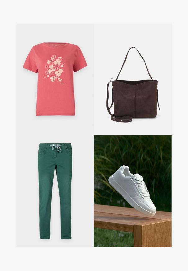 Korallrosa bomullströja med korta ärmar, med ett lätt blommönster och "TOM TAILOR"-logotyp i botten. Rund halsringning.; Gröna byxor i bomullsblandning med rak benmodell, dragsko i midjan och två framfickor. Slät struktur utan mönster.; Vita sneakers med en slät syntetisk ovandel, perforerat tåparti, platta snören och en strukturerad sula, placerade på en träyta.; Brun mockakläd väska med en mjuk textur, med en ensam axelrem och en subtilt rundad öppning upptill. Inga synliga detaljer i metall.