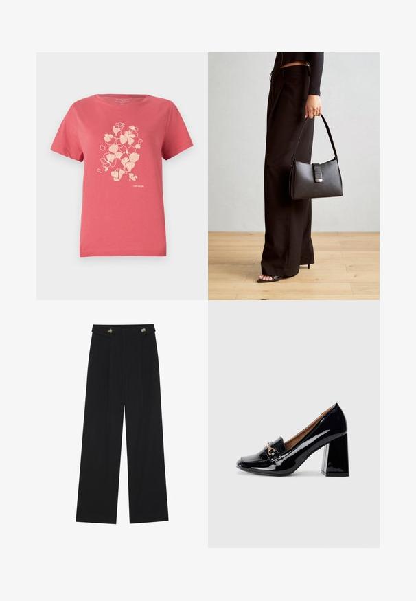 Tricou din bumbac de culoare corai-pink, cu mâneci scurte, având un imprimeu floral subtil și logo-ul "TOM TAILOR" în partea de jos. Decupaj rotund la gât.; Pantaloni negri cu picioare largi, talie înaltă, detalii cu butoane pe talie și pliseuri în față.; Pantofii cu toc înalt din piele lăcuită neagră, cu vârf ascuțit și toc pătrat. Prezentând o curea decorativă și detaliu cu cataramă pe vârf.; Genți negre cu o formă structurată, textură netedă și un închizător metalic. Asortată cu pantaloni negri largi și sandale cu vârf deschis pe un podea din lemn.