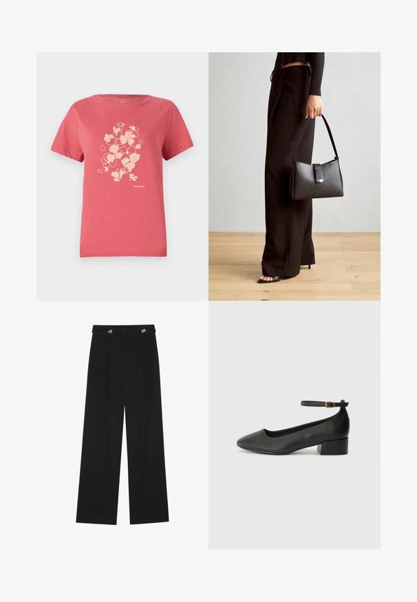 Korallinvärinen puuvillapaita lyhyillä hihoilla, jossa on vaalea kukkakuosi ja "TOM TAILOR" -logo alhaalla. Pyöreä pääntie.; Mustat leveälahkeiset housut, joissa on korkea vyötärö, napit vyötärönauhassa ja etupuolella laskokset.; Mustat nahkakengät, joissa on terävä kärki ja matala lohkare korko. Varustettu nilkkahihnalla, jossa on kultasävyinen solki. Lisää sileä pinta.; Musta käsilaukku, jossa on rakenteellinen muoto, sileä pinta ja metallinen solki. Yhdistetty leveisiin mustiin housuihin ja avonaiheisiin sandaaleihin puulattialla.