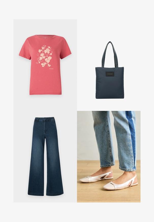 Koralfarvet bomulds t-shirt med korte ærmer, der har et let blomstermønster og "TOM TAILOR" logo nederst. Rund halsudskæring.; Mørkeblå høj talje brede ben denim jeans med forlommer og bæltestropper på en hvid baggrund.; Lyserøde slingback flade sko med spidse tær, lavet af et glat læderlignende materiale. Har udskæringsdetaljer på siderne og en flad hæl.; Marineblå tote bag lavet af glat nylon, med to strukturerede håndtag og en sort rektangulær logo-patch på fronten.