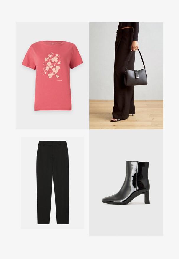 Tricou din bumbac de culoare corai-pink, cu mâneci scurte, având un imprimeu floral subtil și logo-ul "TOM TAILOR" în partea de jos. Decupaj rotund la gât.; Pantaloni negri cu un design croit, dotati cu buzunare laterale si un croi drept. Fabricati dintr-un material neted, usor, cu un finisaj elegant.; Botine negre din piele lacuită, cu vârful ascuțit și toc bloc de înălțime medie. Textură netedă și design minimalist.; Genți negre cu o formă structurată, textură netedă și un închizător metalic. Asortată cu pantaloni negri largi și sandale cu vârf deschis pe un podea din lemn.