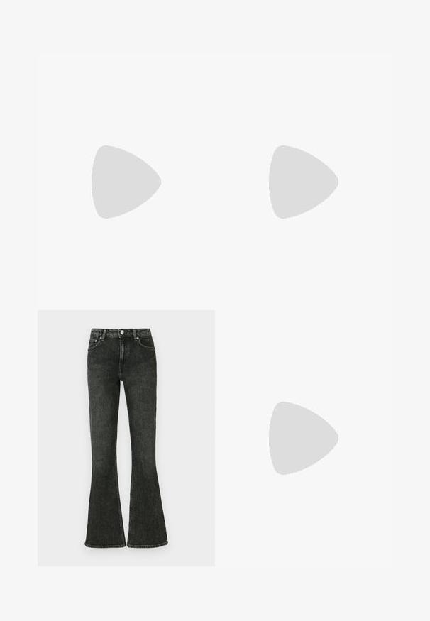 Gray short-sleeve t-shirt made of soft, stretchy fabric with a round neckline and a fitted shape, featuring a smooth texture and minimal design.; Black flared jeans made from denim, featuring a high waist, five-pocket design, and a button closure. Texture is smooth with subtle fading.; Black leather knee-high boot with a textured finish, featuring a side buckle accent and a low heel. Detailed stitching along the seams.; Black leather handbag with a curved shape, a single strap, zip closure, and subtle branding on the front. Smooth texture, minimalist design.