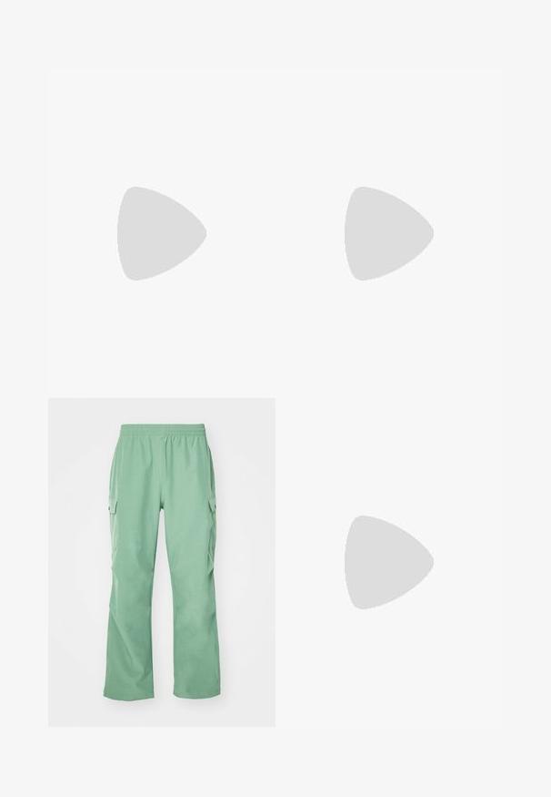 Carhartt WIP SIGNATURE SCRIPT - Basic T-shirt - white/dusty ice; Light green cargo pants with an elastic waistband, made from a smooth fabric, featuring two side pockets and a straight-leg cut.; Black athletic shoes with a mesh upper, cream accents, and a thick cushioned sole. Paired with green, tapered pants.; Black crossbody bag with a zippered pocket, rectangular shape, made of fabric, featuring a logo patch on the front, adjustable shoulder strap.