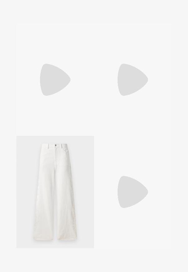 Polo krekls ar pundura zilu un baltu horizontālu svītru dizainu, īsām piedurknēm, apkakli un sānu ručingu. Izgatavots no mīksta, elastīga auduma.; Baltās platās džinsās izgatavotas no denima, kurām ir sānu izšuvumu raksti un tradicionālā piecu kabatu dizains. Ar rāvējslēdzēju un pogu.; Melna ādas atvērta pirksta mule ar elegantu, izliekta dizaina, augstu stiletto papēdi un gludu tekstūru. Iekšpusei ir kontrastējoša gaiša krāsa.; Melnas ādas spainīša somas ar teksturētu apdari, zelta metāla aksesuāriem un atvērtu augšu. Piedāvā īsu rokturi un regulējamu plecu siksnu.