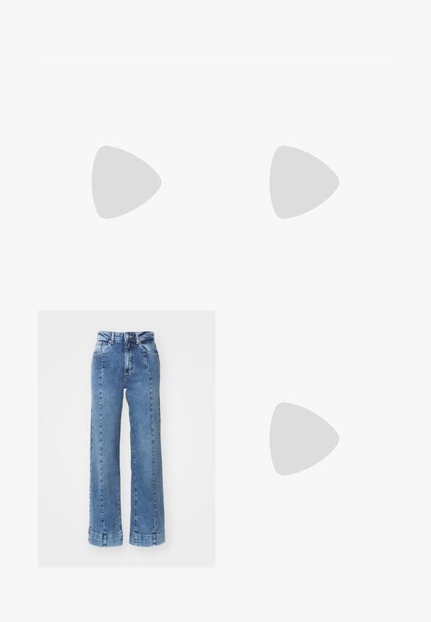 Black cotton t-shirt with short sleeves, loose fit, round neckline, featuring a small red heart logo on the left chest area.; Light blue denim wide-leg jeans with a high waist, featuring front pockets and stitched detailing. The hem is rolled and sewn.; Black running shoe featuring a mix of mesh and synthetic materials, chunky sole, curved design, and prominent branding on the side.; Black rectangular sunglasses with dark lenses, featuring a sleek frame design and thin temples. Smooth surface with reflective accents.