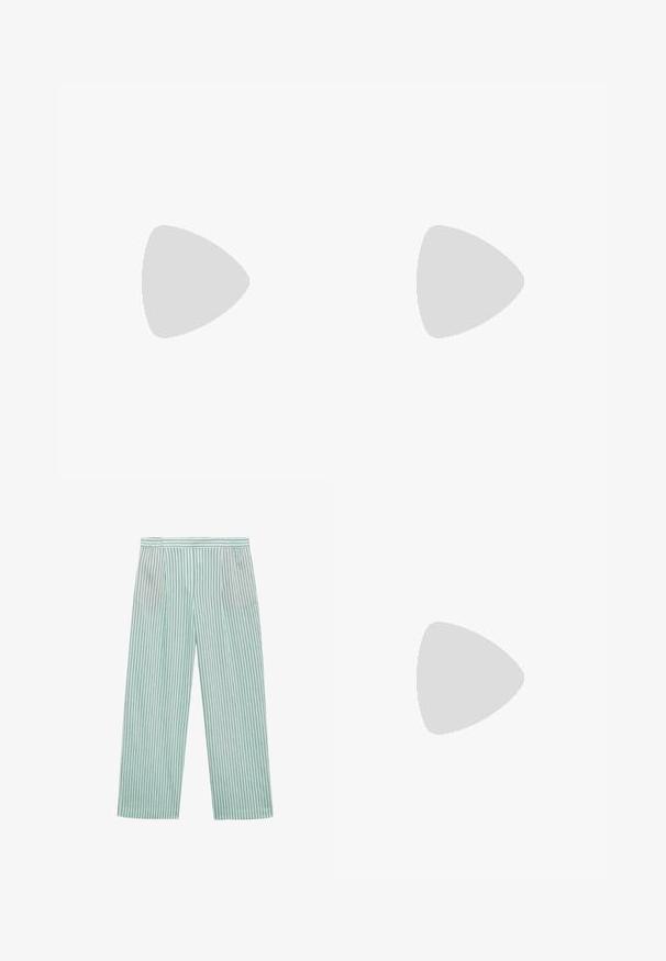 Light green sleeveless vest with navy vertical stripes, a mandarin collar, and three ties on the front. Soft fabric with a smooth texture.; Light green wide-leg trousers with vertical dark stripes, elastic waistband, and smooth texture. No pockets or additional embellishments.; Anna Field Sandals - dark brown; Gucci RECTANGULAR/SQUARED - Sunglasses - ivory brown