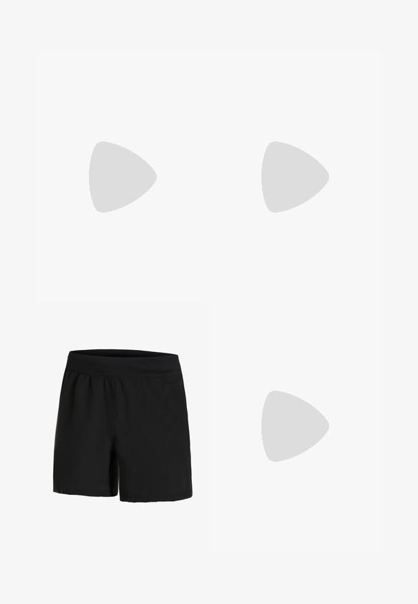 Cremfarbener ärmelloser Top aus leichtem Material mit V-Ausschnitt, seitlichen Schlitzen und einem kleinen Logo auf der linken Brust.; Schwarze Sportshorts mit einem breiten, elastischen Taillenbund, glatter Oberfläche und Seitentaschen. Entworfen für Komfort und Bewegungsfreiheit.; Grauer Sportschuh mit Netzoberstoff, HOKA-Branding, gepolsterter Zwischensohle und Gummisohle. Verfügt über ein geschwungenes Design und strukturierte Details.; Sonnenbrille mit einem weißen Rahmen, grauen Akzenten und blauen Spiegellinsen. Sportliches Design, umschließende Form und verstellbare Nasenpads.