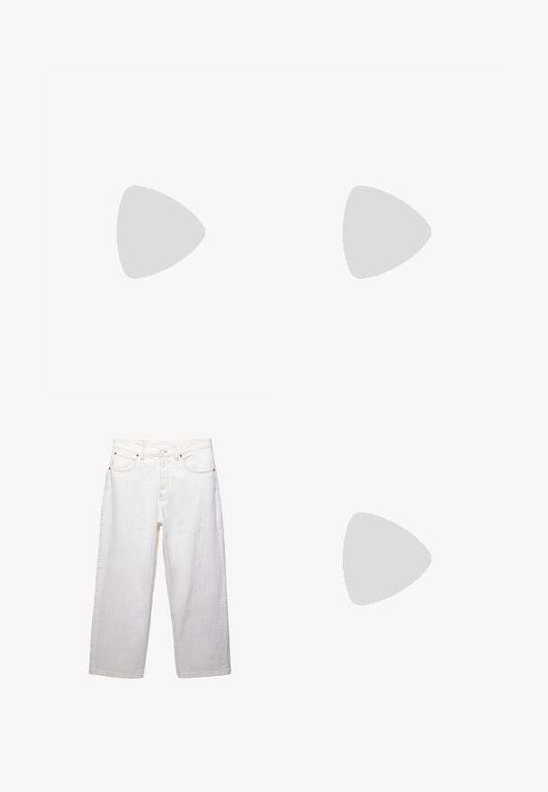 Striped t-shirt in white and navy, featuring short sleeves, a crew neck, and horizontal stripes of varying widths. Soft cotton material.; White denim trousers with a wide-leg cut, featuring five pockets, button closure, and contrasting stitching. Smooth texture and classic design.; Brown leather boat shoe with rubber outsole, lace eyelets, and a stitched upper, featuring a raised, textured pattern along the toe.; Black plastic sunglasses with green lenses, square frames, silver accent on the brow, and textured temple arms. Stated brand on inner arm.